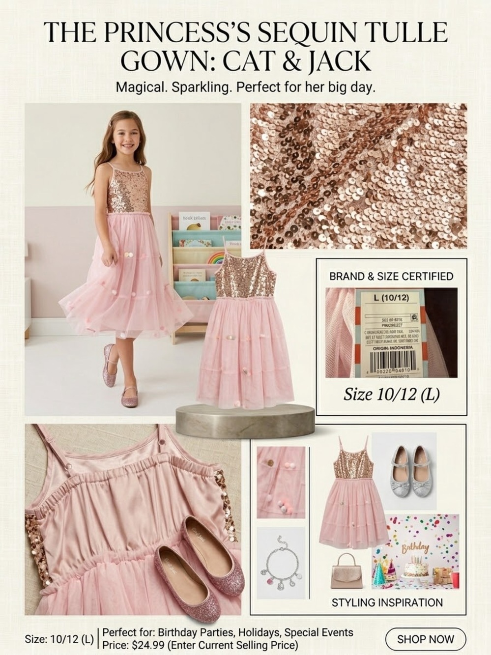 Cat & Jack Rose Gold Sequin Pink Tulle Princess Dress